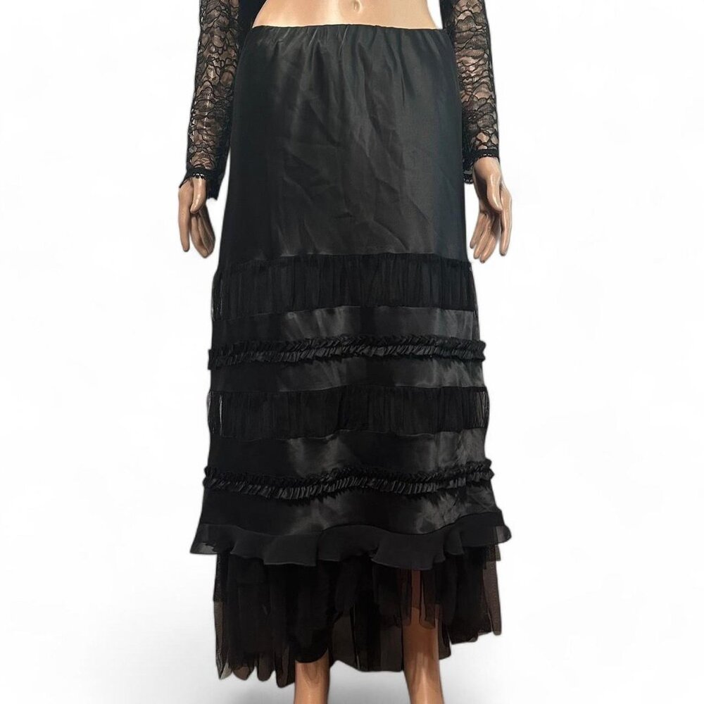 Rene Derhy black maxi skirt with ruffles and mesh high low goth size M / 10